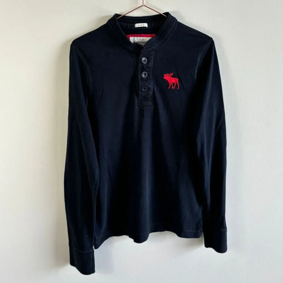 Abercrombie & Fitch Mens Moose Logo Henley Long Sleeve Shirt Black Size XXL - Picture 1 of 7